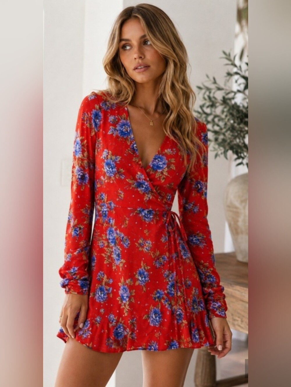 Zara Red Wrap Dress with Blue Floral Print